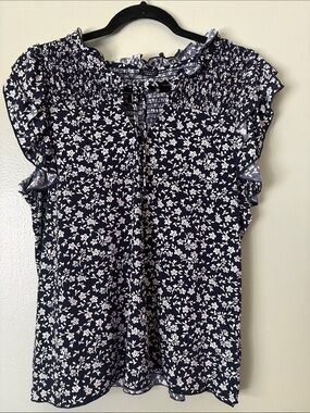 Studio Navy Floral Smocked Ruffle Sleeve Top